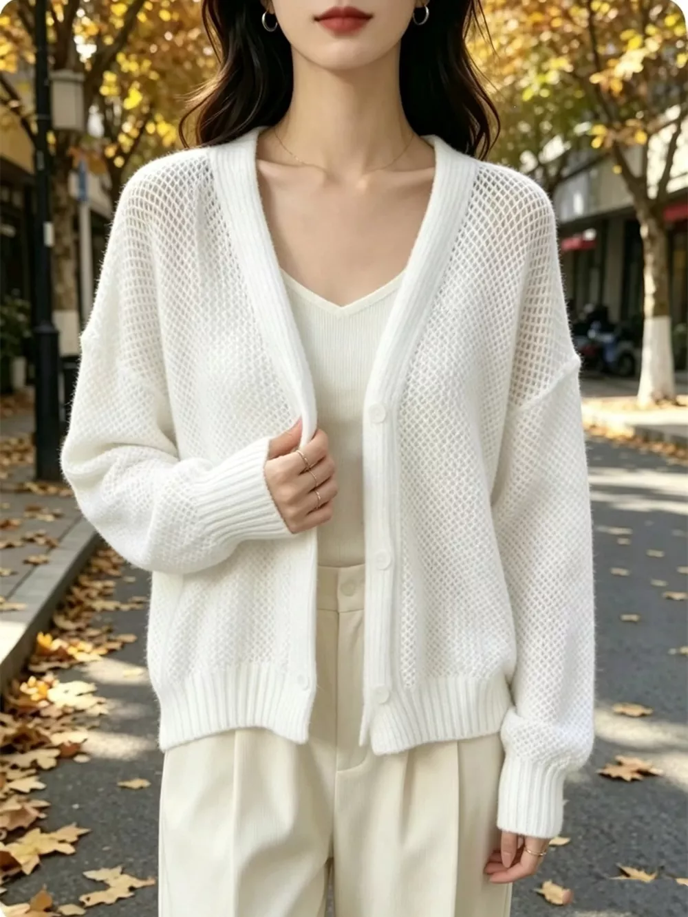V-Neck Open-Knit Button-Down Cardigan, image 4