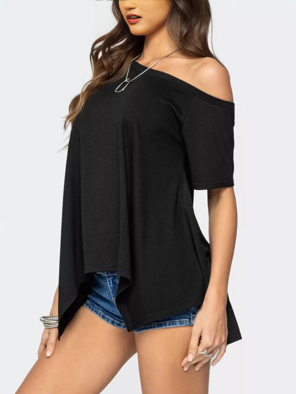 Off-Shoulder Flowy Hem T-Shirt, image 2