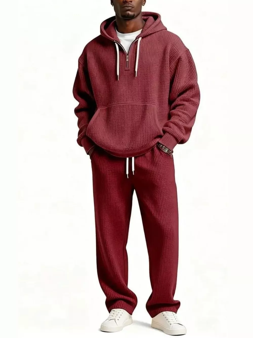 Men's Full Size Casual Waffle Knit Hoodie and Pants Set Plus Size, image 3