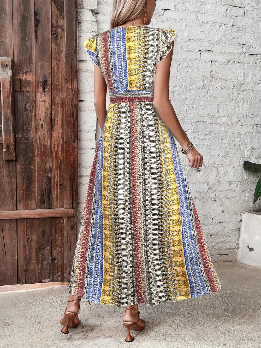 Boho Print Ruffle Sleeve Slit Dress, image 23