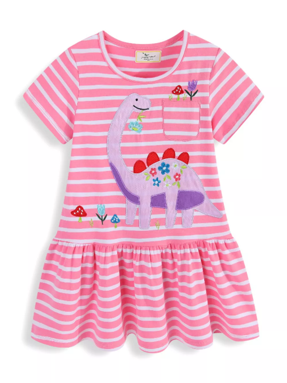 Children's Striped Dinosaur Embroidered Casual Dress, image 2