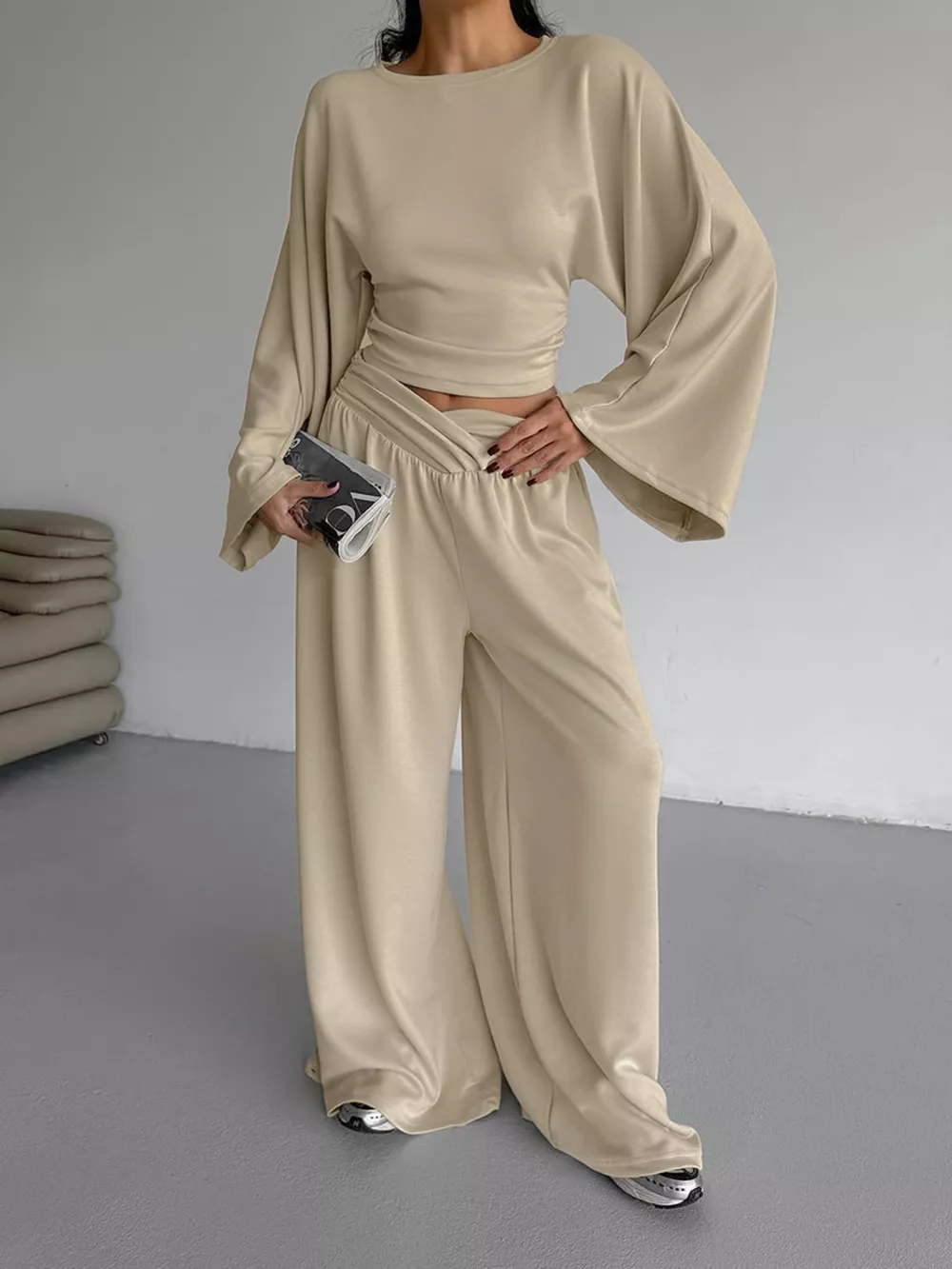 Round Neck Top and Wide Leg Pants Set