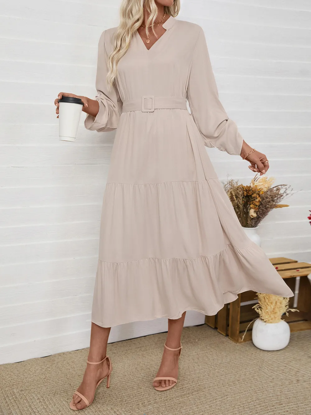 Tiered Notched Belted Midi Dress, image 3
