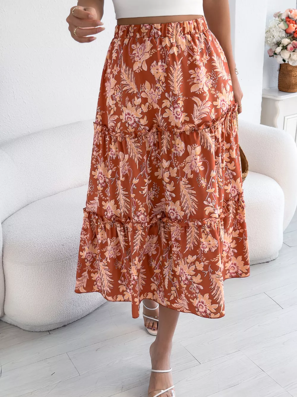 Floral Print Ruffle Hem Flowy Midi Skirt, image 4