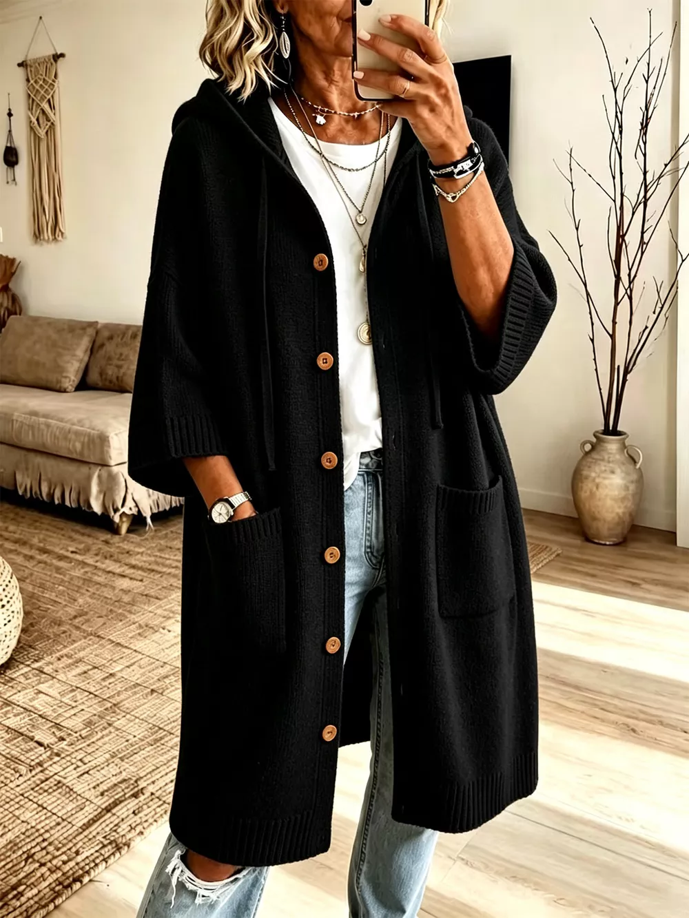 Hooded Button-Down Knit Cardigan with Pockets, image 8