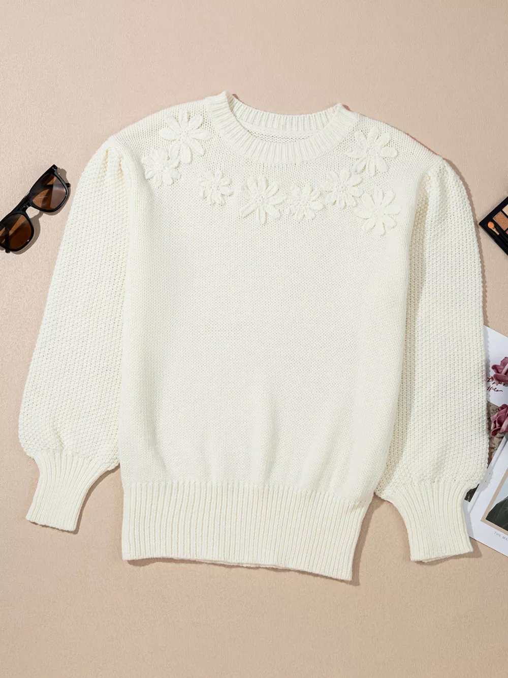 Flower Detail Round Neck Contrast Textured Puff Sleeve Sweater, image 2