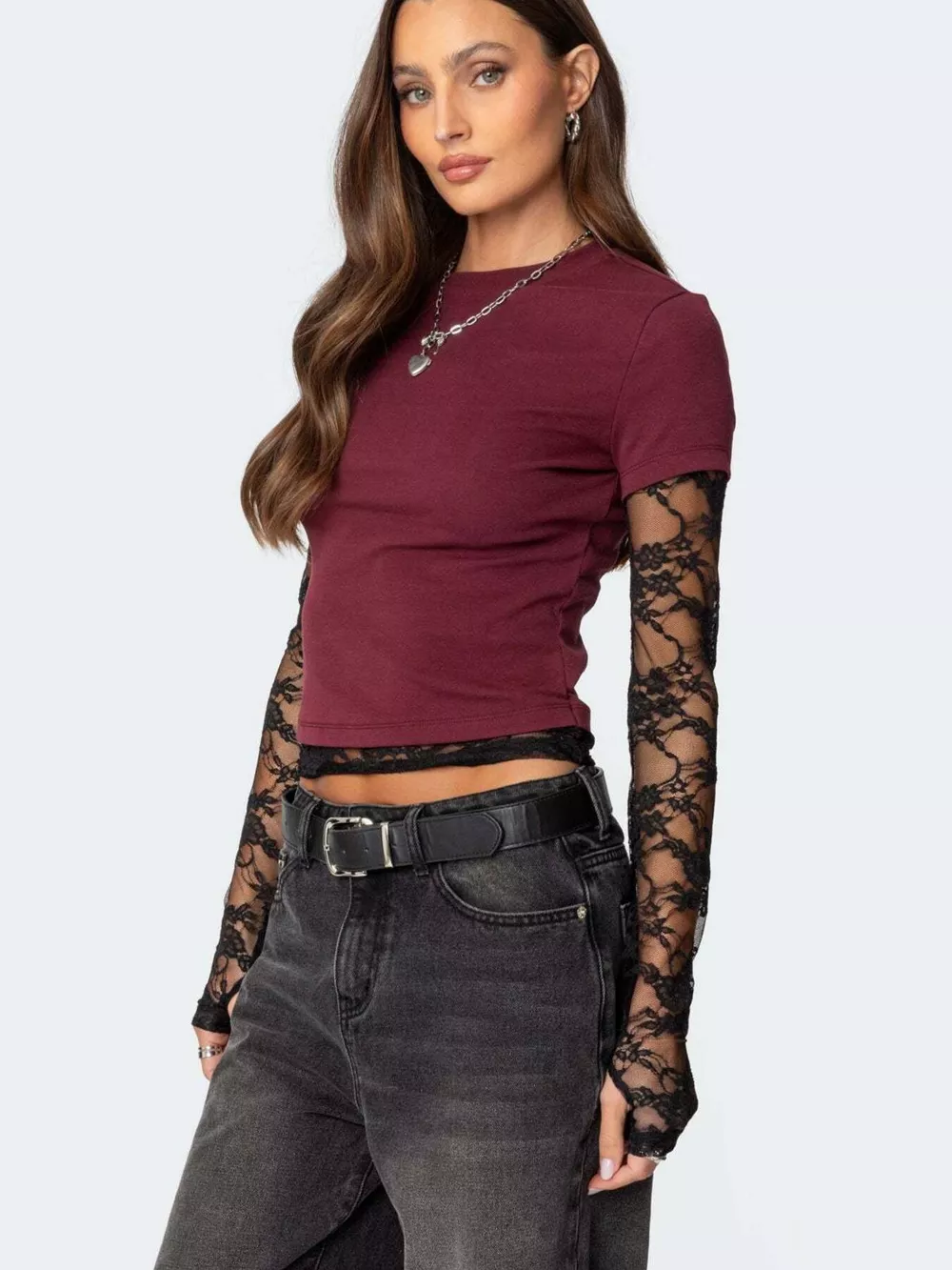 Cropped T-Shirt with Sheer Lace Sleeves, image 6
