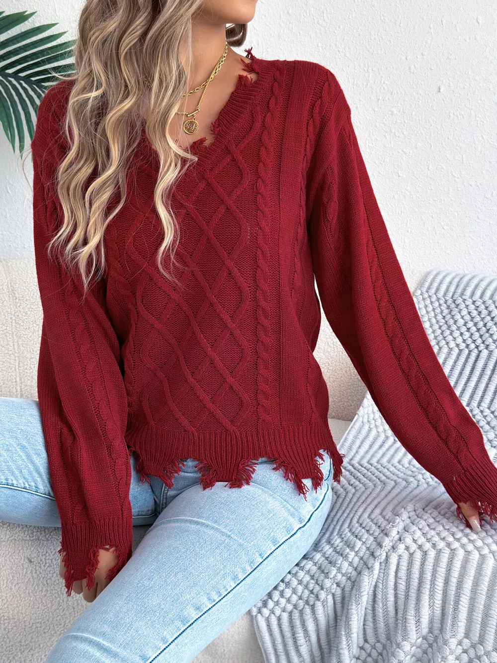 V-Neck Distressed Hem Cable Knit Sweater, image 20
