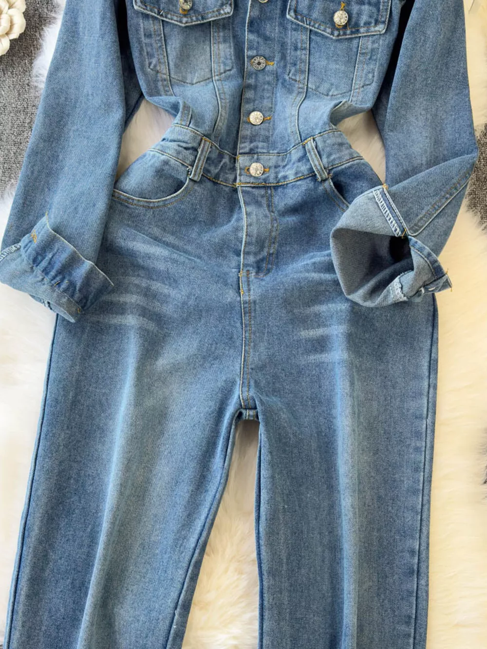 Button Front Wide Leg Denim Jumpsuit, image 4