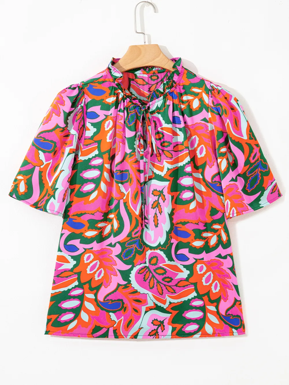 Tropical Print Short Sleeve Tie Neck Blouse, image 5