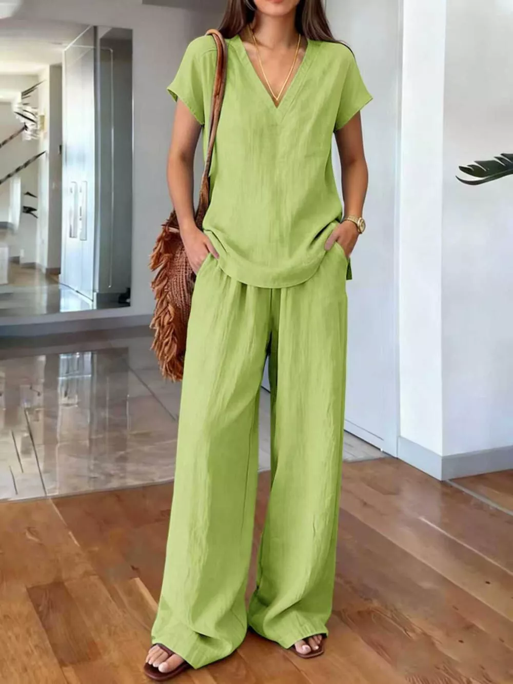 Full Size V-Neck Short Sleeve Top and Pants Set Plus Size, image 10