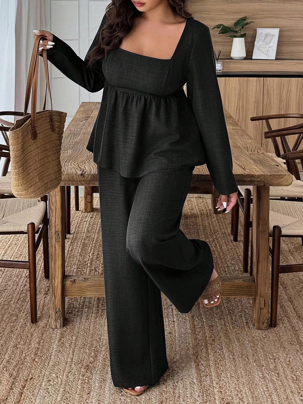 Plus Size Square Neck Long Sleeve Top and Pants Two-Piece Set, image 14