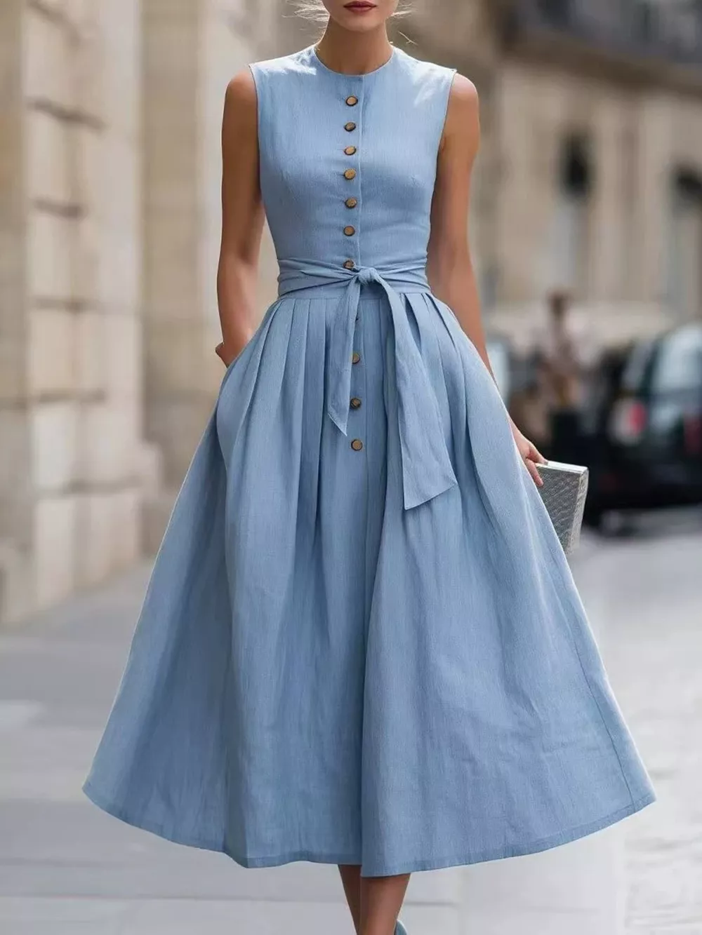 Full Size Sleeveless Button-Front Belted Midi Dress Plus Size