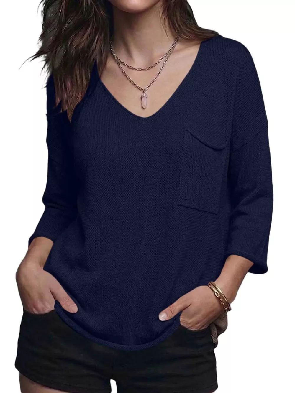 V-Neck Chest Pocket Knit Top, image 10
