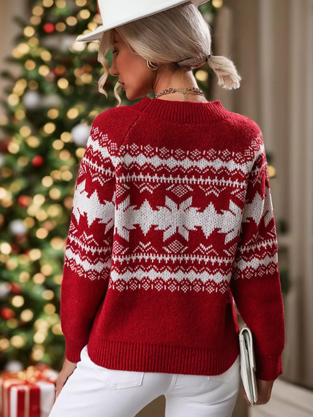 Snowflake Pattern Round Neck Sweater, image 3
