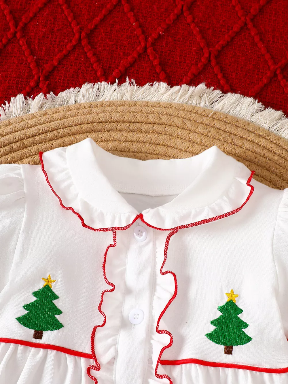 Children's Christmas Tree Embroidered Ruffle Trim Dress, image 3