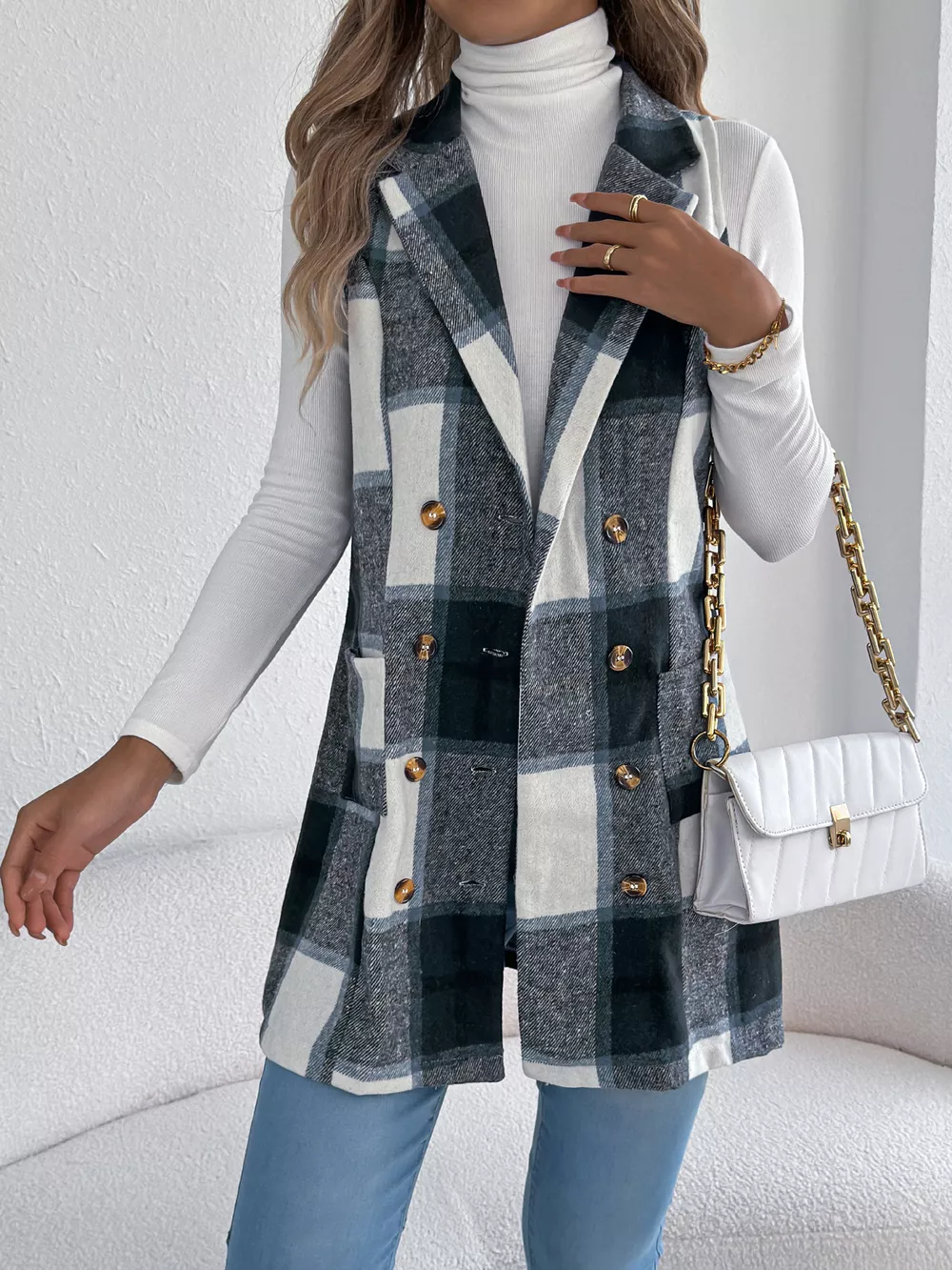 Plaid Double-Breasted Vest Coat, image 3