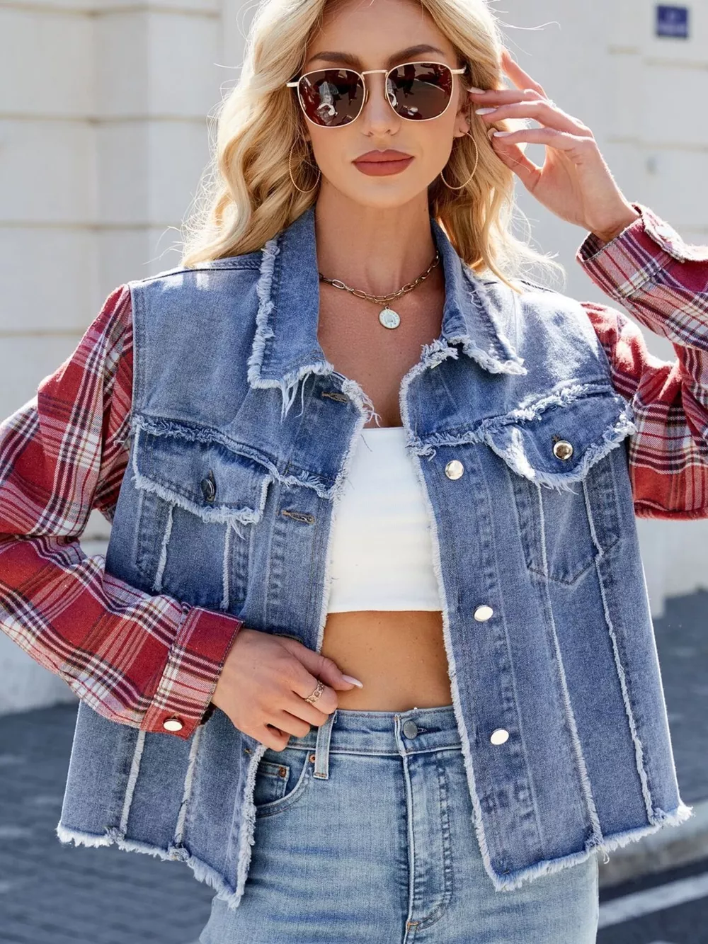 Raw Hem Plaid Sleeve Denim Jacket, image 4