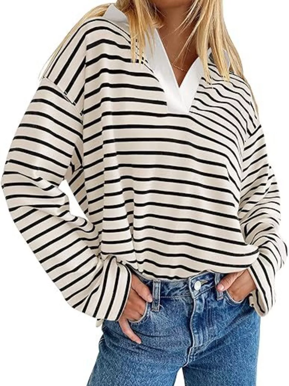 Striped Contrast Collar Long Sleeve Top, image 9