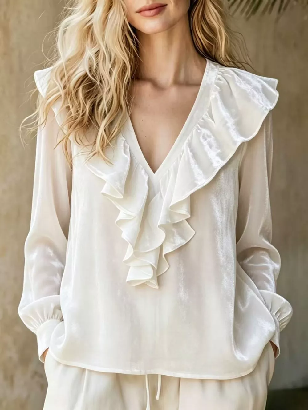 Full Size Ruffled V-Neck Long Sleeve Blouse Plus Size, image 8