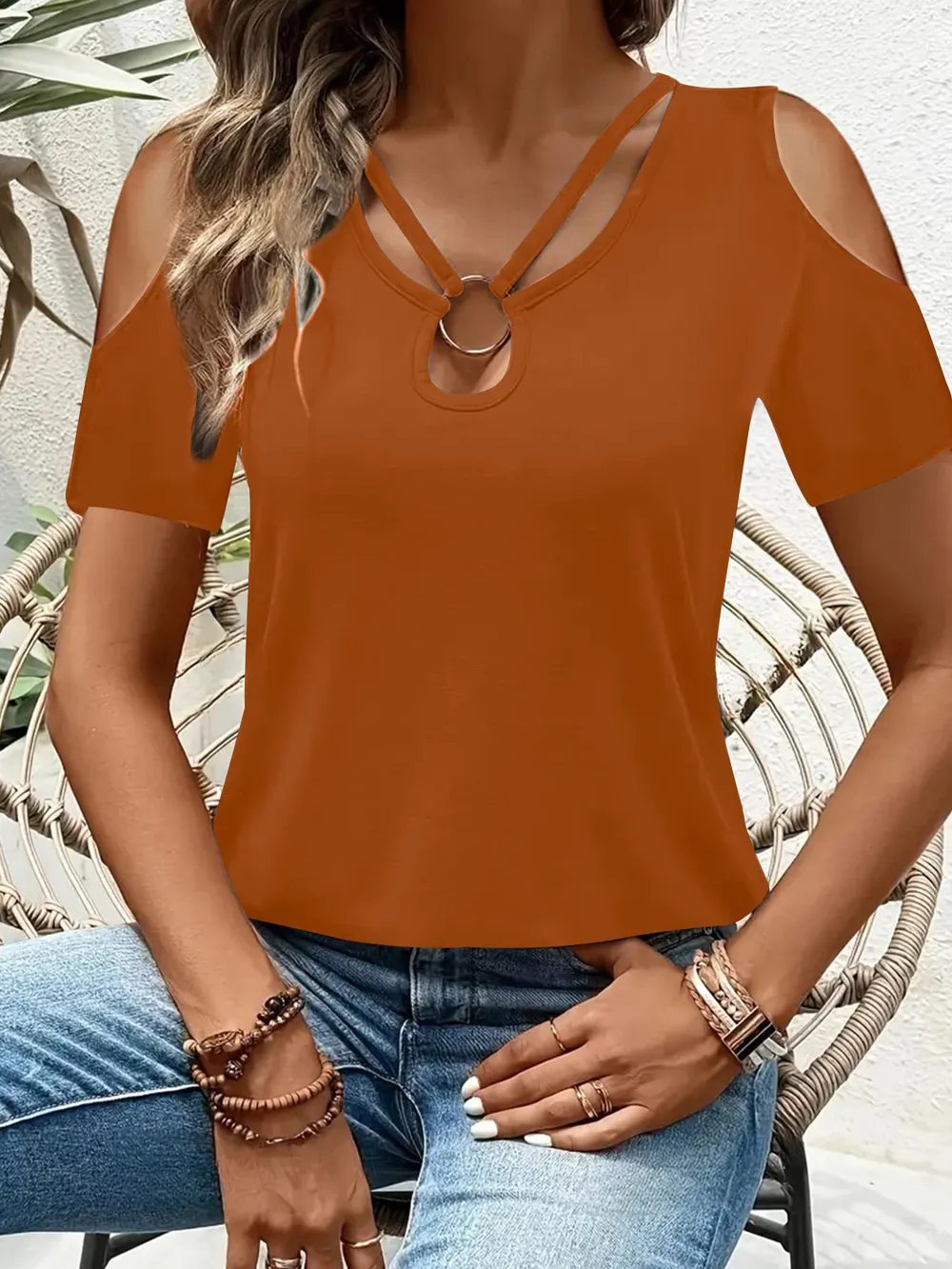 Cold Shoulder T-Shirt with Metal Ring Detail, image 8