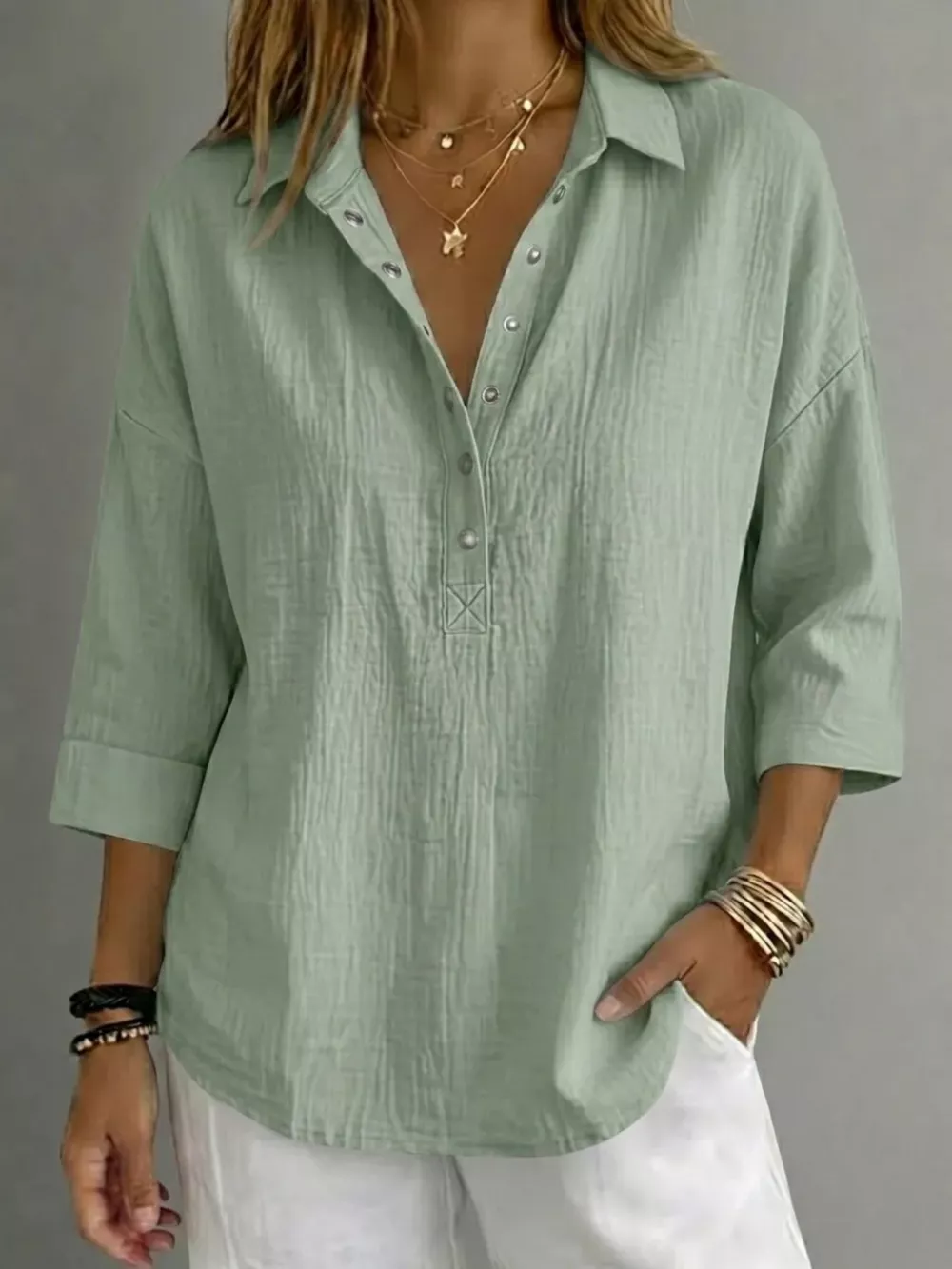 Full Size Snap Down 3/4 Sleeves Blouse Plus Size, image 4