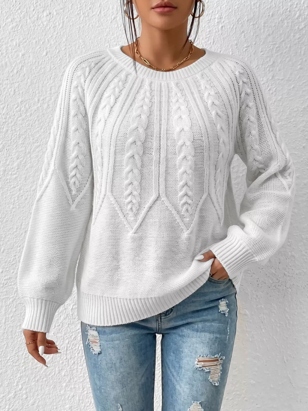Cable-Knit Round Neck Sweater, image 2