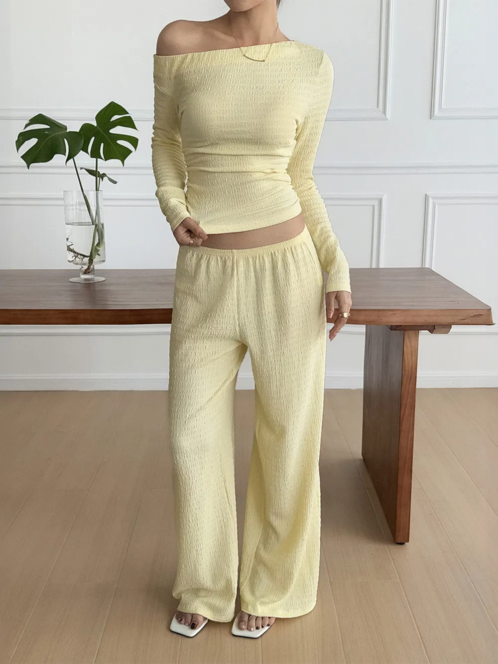 One Shoulder Long Sleeve Top and Pants Set, image 2