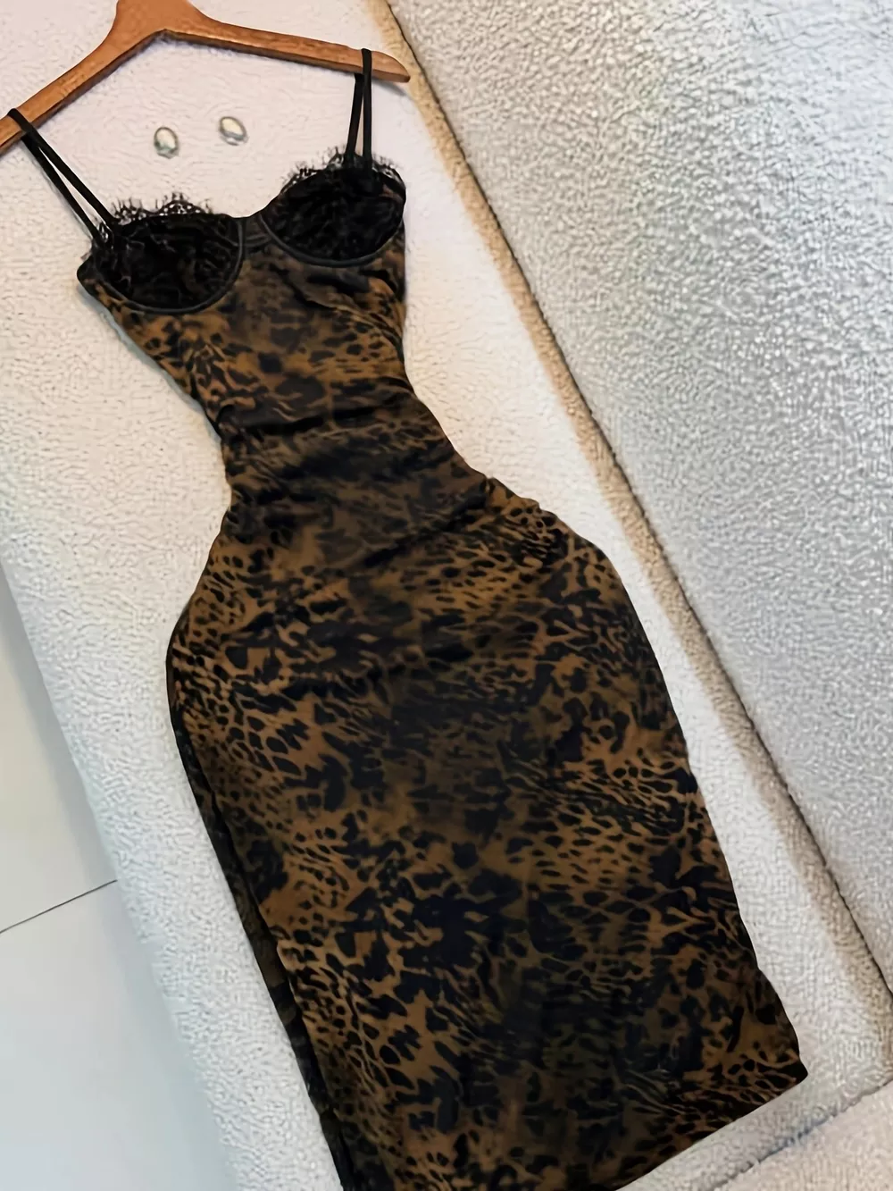 Leopard Print Lace Trim Bodycon Midi Dress, image 2