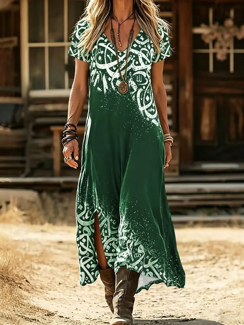 Printed Short Sleeve Midi Dress, image 8
