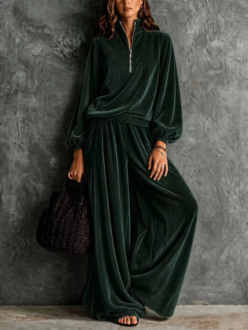 Quarter-Zip Sweatshirt and Wide-Leg Pants, image 3