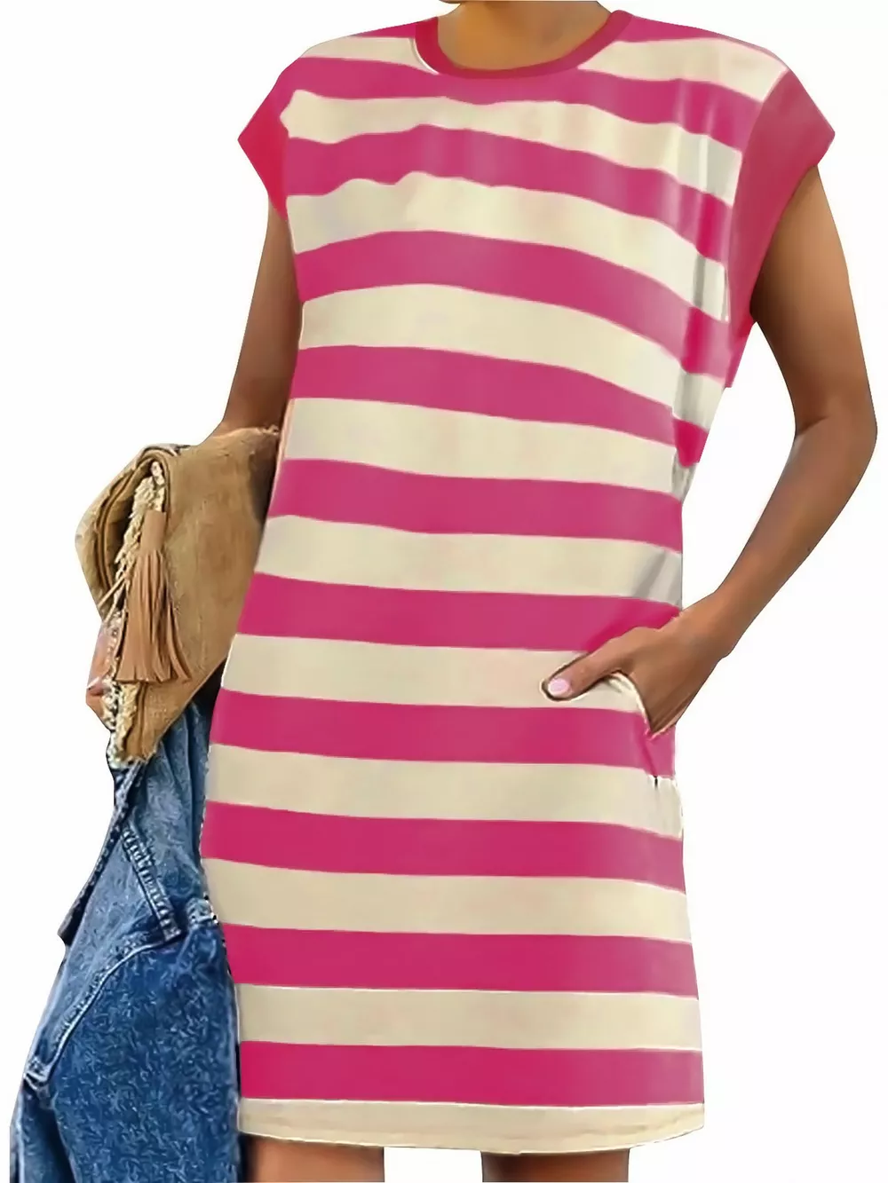 Full Size Casual Striped Short Sleeve Mini Dress Plus Size, image 10