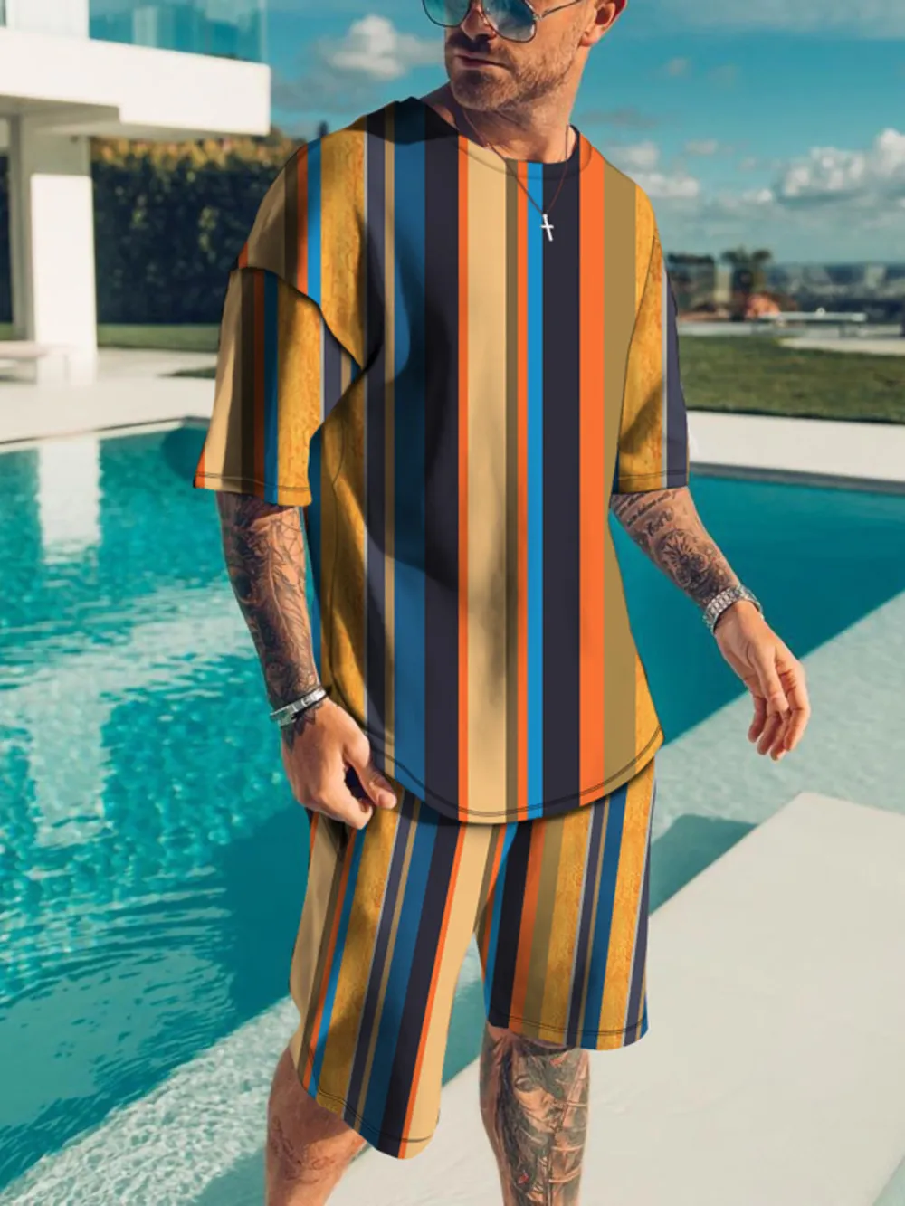 Men's Full Size Striped Short Sleeve Top and Shorts Set Plus Size