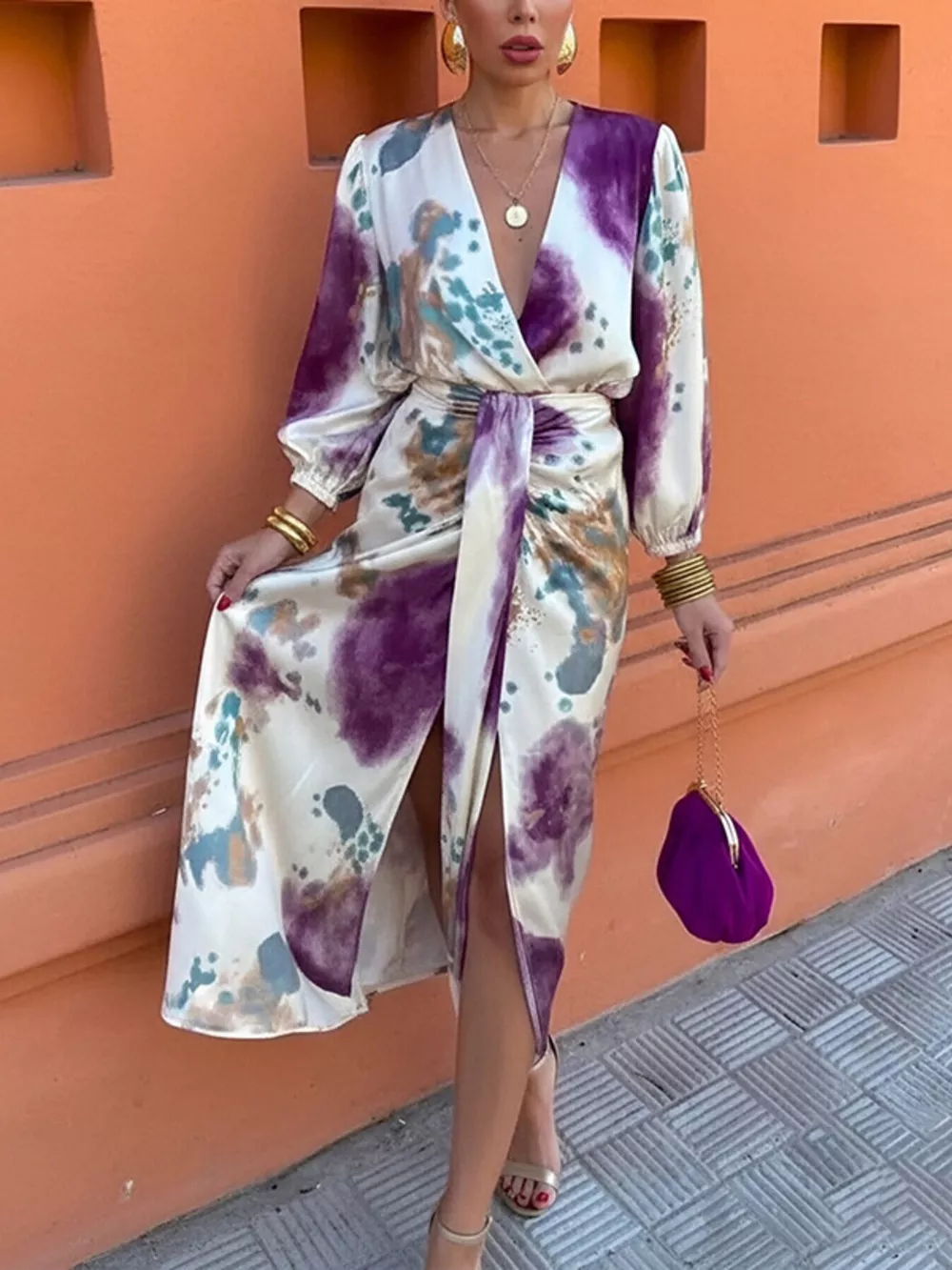 Full Size Slit Tie-Waist Abstract Print Midi Dress Plus Size, image 2