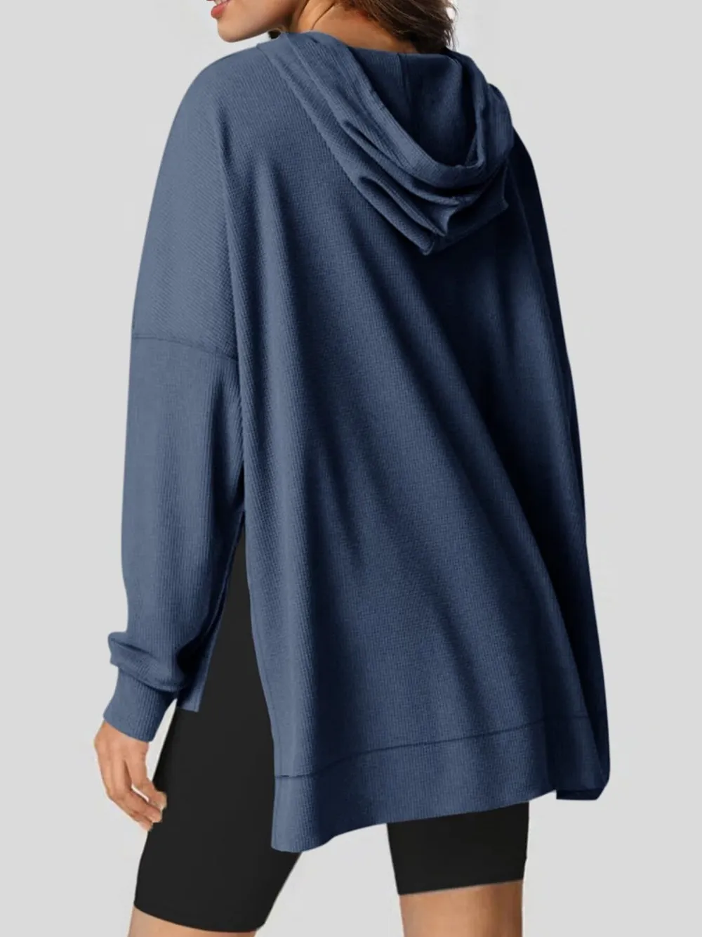 Slit Drawstring Waffle Knit Hoodie, image 18