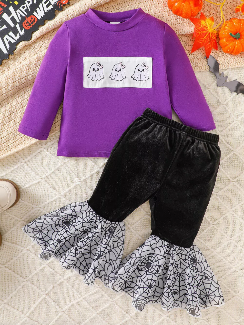 Children's Halloween Pumpkin Long Sleeve Top and Spiderweb Bell Bottom Set, image 8