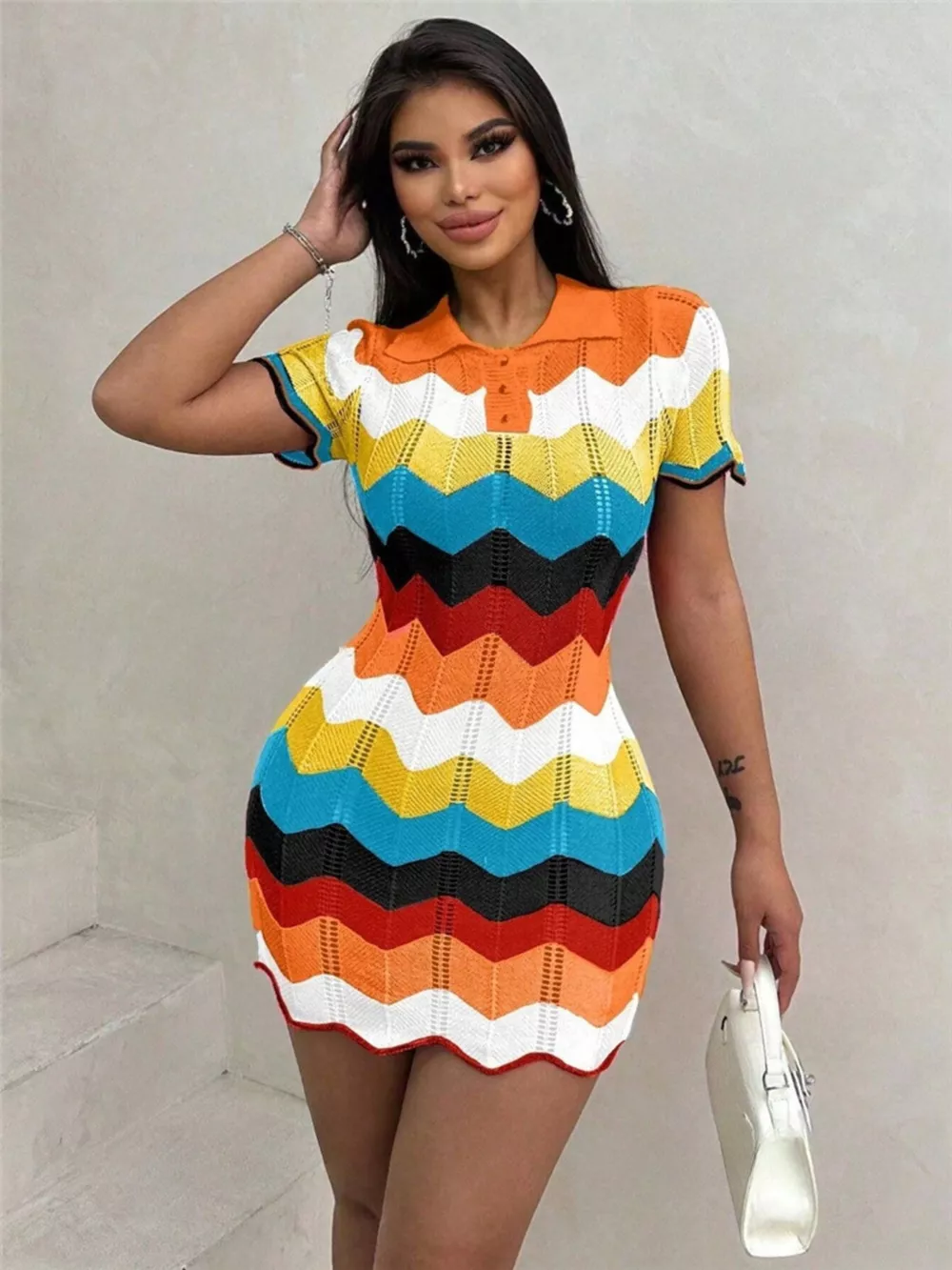 Chevron Knit Short Sleeve Sweater Dress, image 7