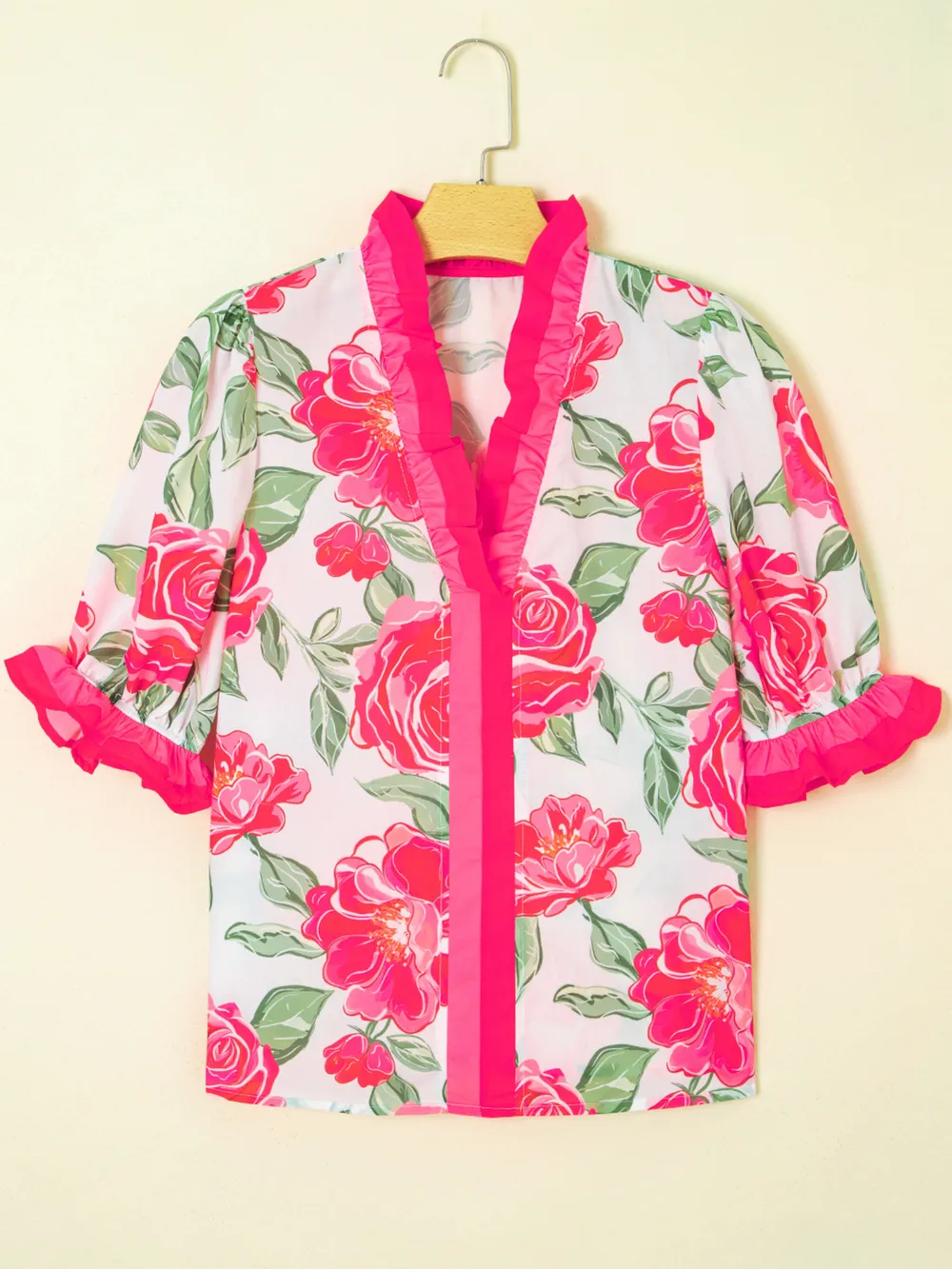 Floral Frilled V Neck Short Sleeve Blouse, image 8