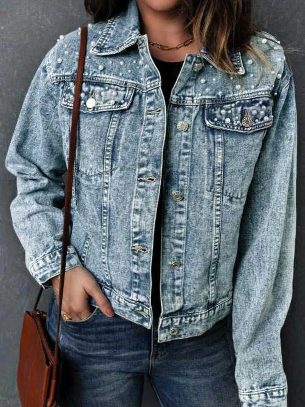 Full Size Pearl Detail Button Up Long Sleeve Denim Jacket Plus Size, image 2