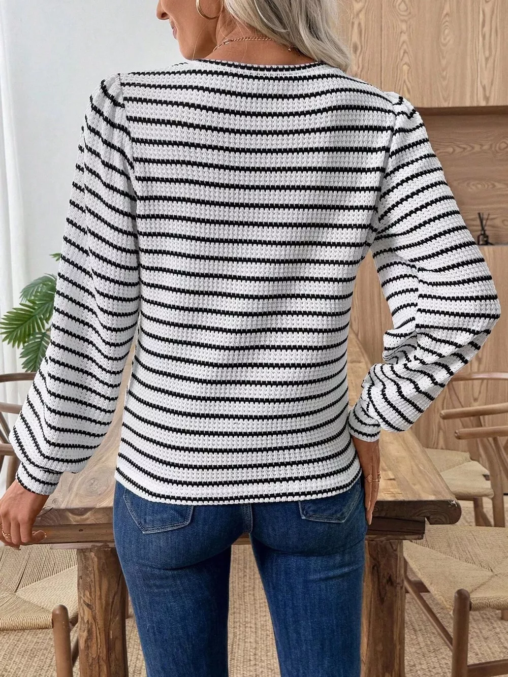 Striped Long Sleeve Texture Knit T-Shirt, image 8