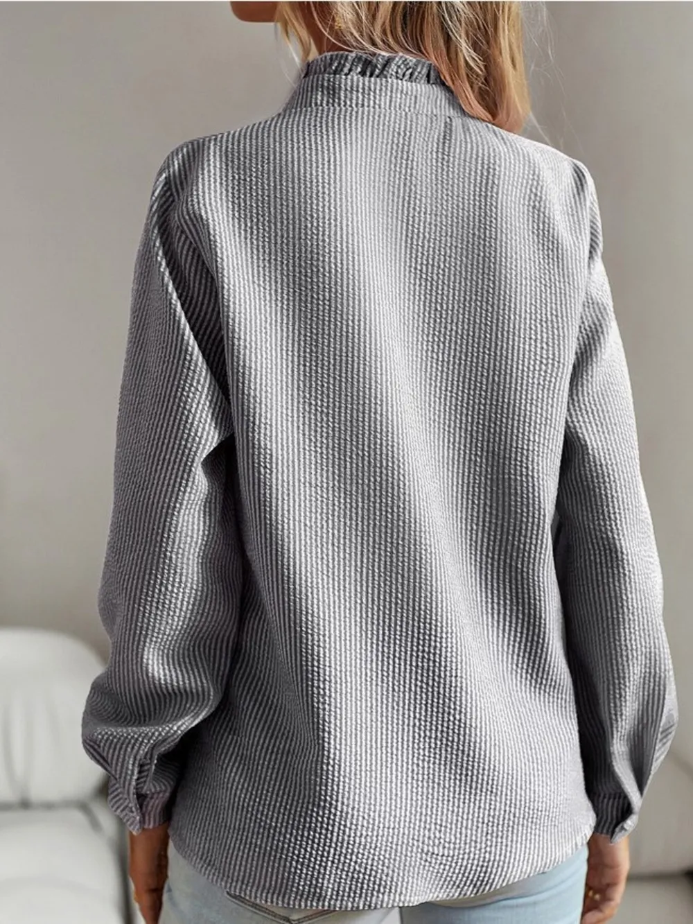 Striped Ruffle Detail Button-Up Blouse, image 4