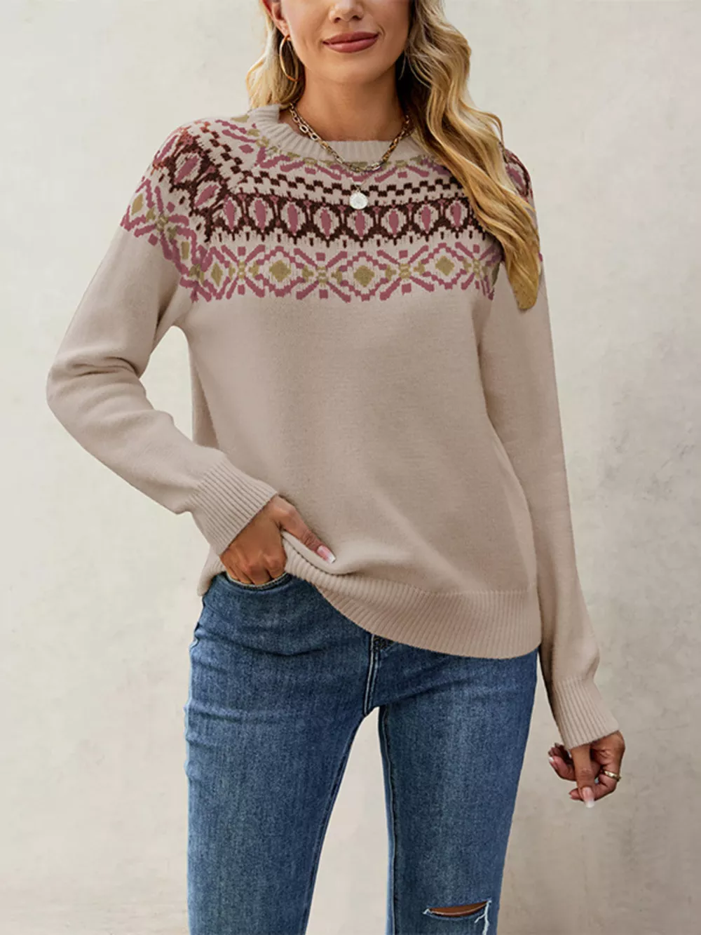 Fair Isle Pattern Crew Neck Sweater, image 6