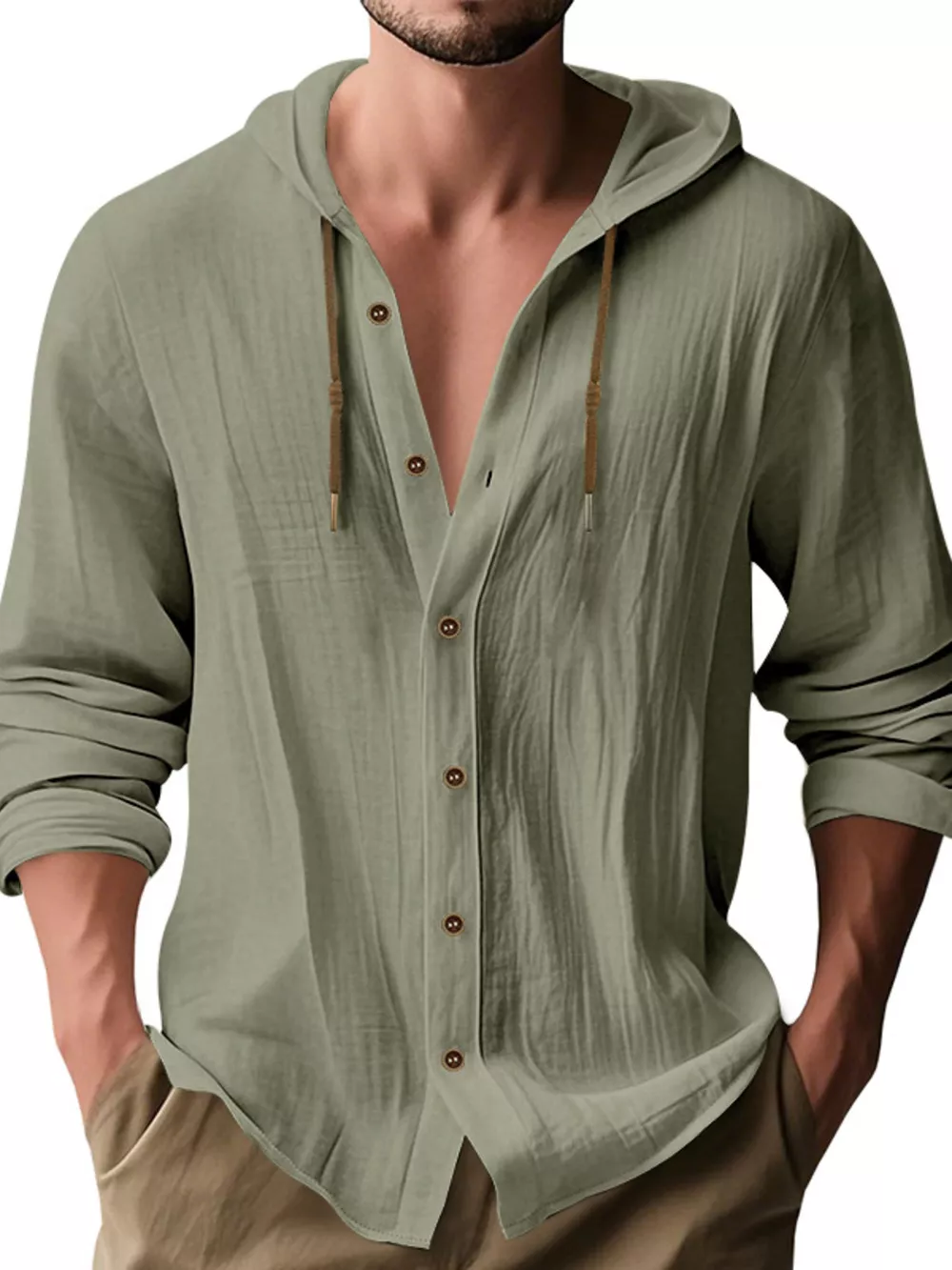 Men's Full Size Drawstring Button Up Hooded Shirt Plus Size, image 12