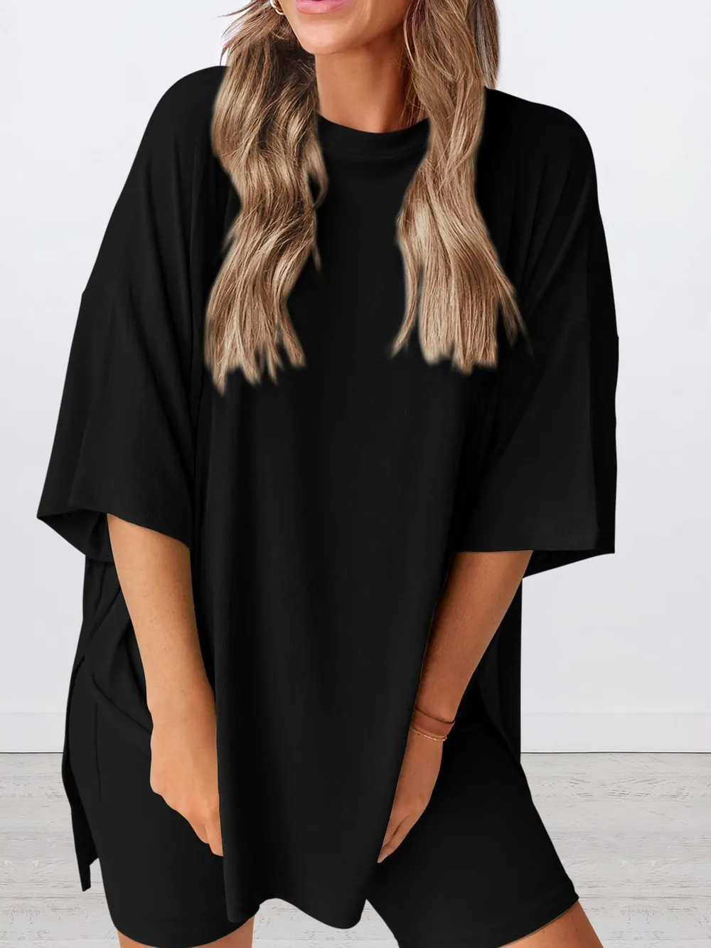Full Size Oversized Slit Round Neck Top and Shorts Lounge Set Plus Size, image 5