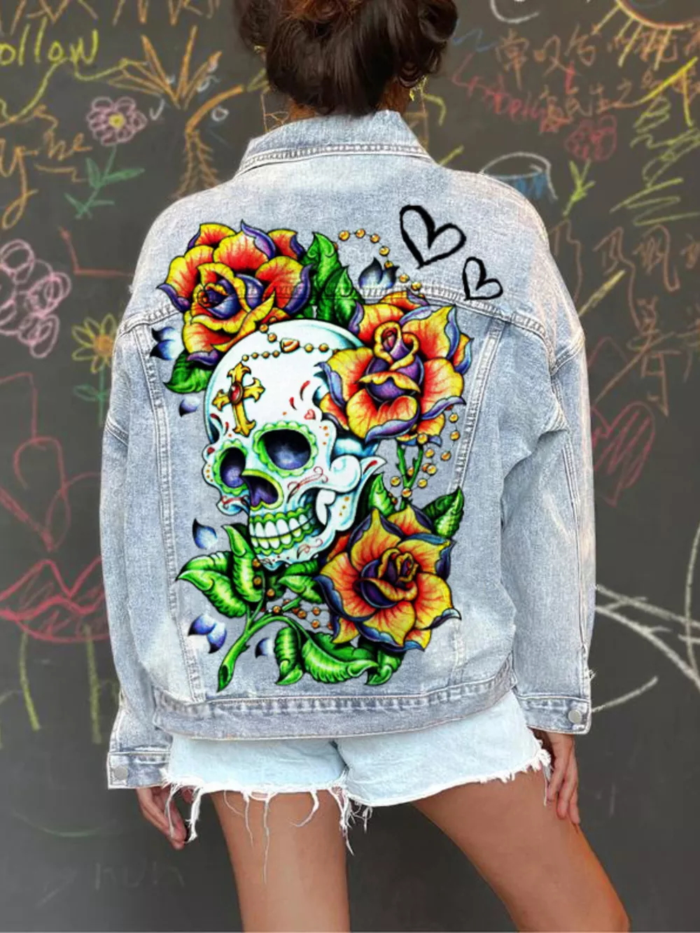 Full Size Skull Graphic Button Up Denim Jacket Plus Size, image 2