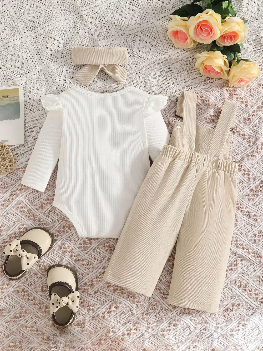 Children's Ribbed Bodysuit and Bow-Embroidered Overall Set with Headband, image 2