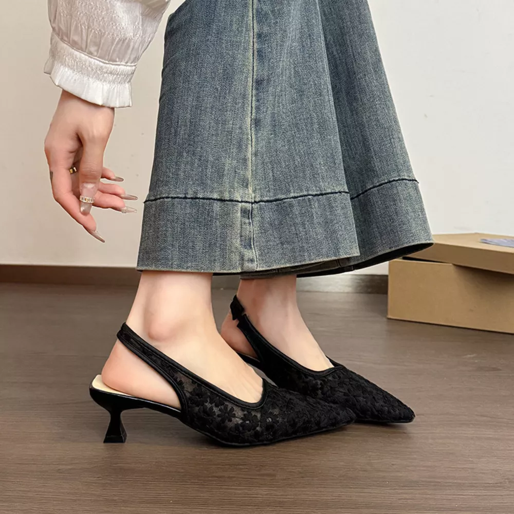 Lace Pointed-Toe Slingback Pumps, image 4