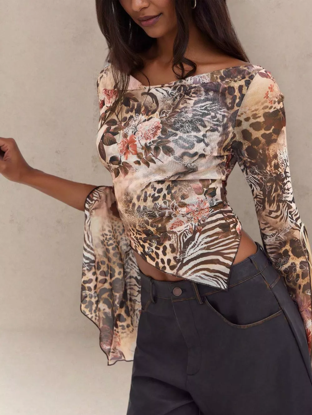 Mesh Floral Print Long Sleeve Asymmetric Top, image 2