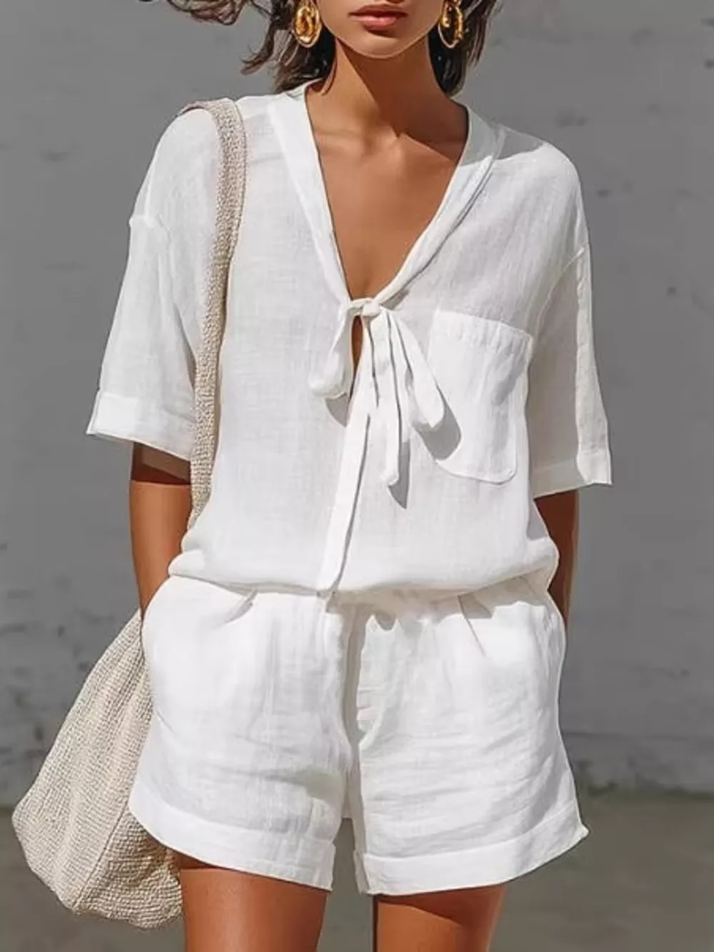 Tie-Front Half Sleeve Shirt and Shorts Set, image 3