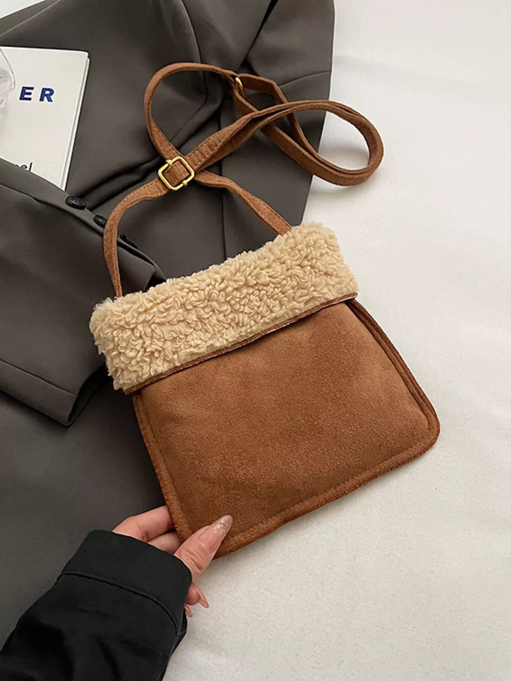 Teddy Bear Charm Plush Trim Crossbody Bag, image 3